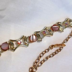 VintageTARA necklace16.5" pink shell and rhinestone in shiny gold design
